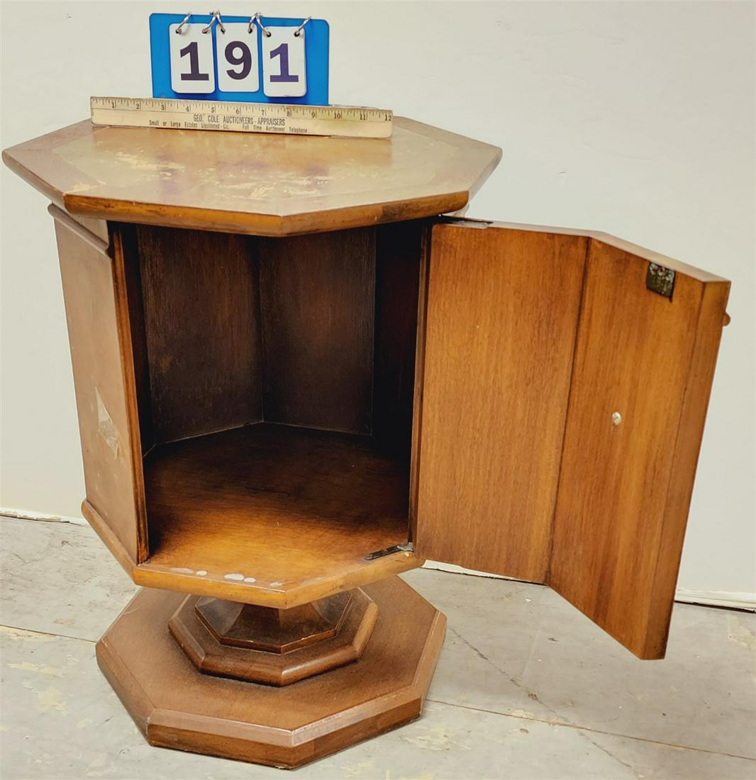 MID CENTURY WALNUT OCTAGONAL 1 DOOR STAND 23 1/4"H X 17 1/4" DIAM: MID CENTURY WALNUT OCTAGONAL 1 DOOR STAND 23 1/4"H X 17 1/4" DIAM