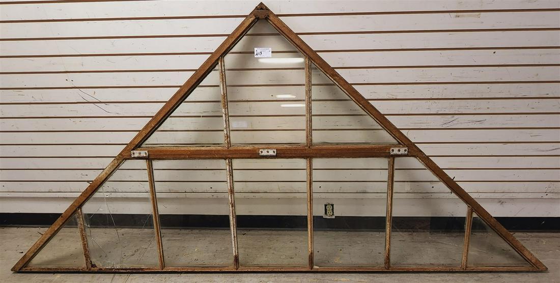 STEEL FRAME TRIANGULAR WINDOW W/ TRANSOM TOP 51"H X 9'W (1 of 2)