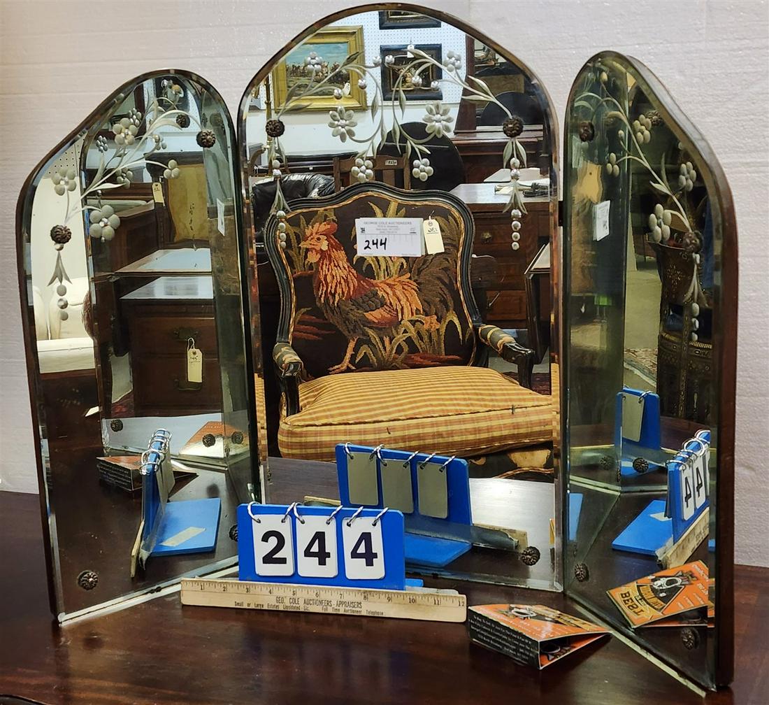 ETCHED GLASS TRIPTYCH DRESSER MIRROR 24"H X 34"W (SM, CRACK ON L BOTTOM CENTER PANEL) NEEDS HELP ON (1 of 6)