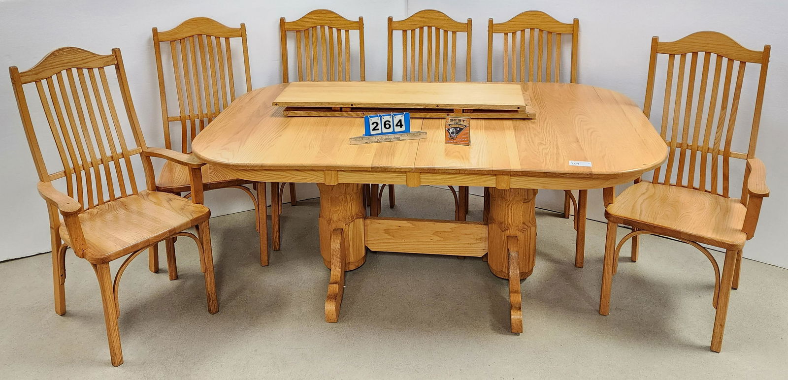 OAK DINING TABLE 42"W X 6"L W/2 - 12"LEAVES AND 6 CHAIRS 43"H X 23"W X 21"D (1 of 3)