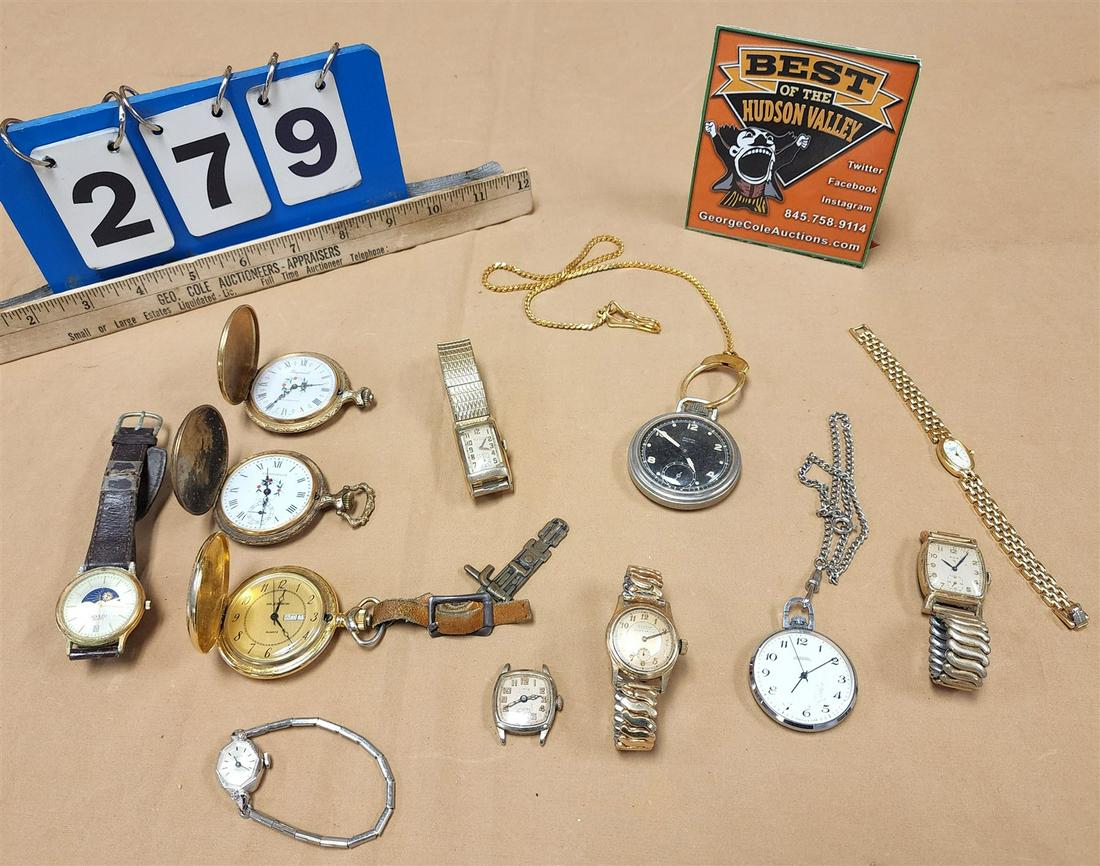 TRAY 6 VINTAGE POCKET WATCHES AND 7 WRIST WATCHES (1 of 6)