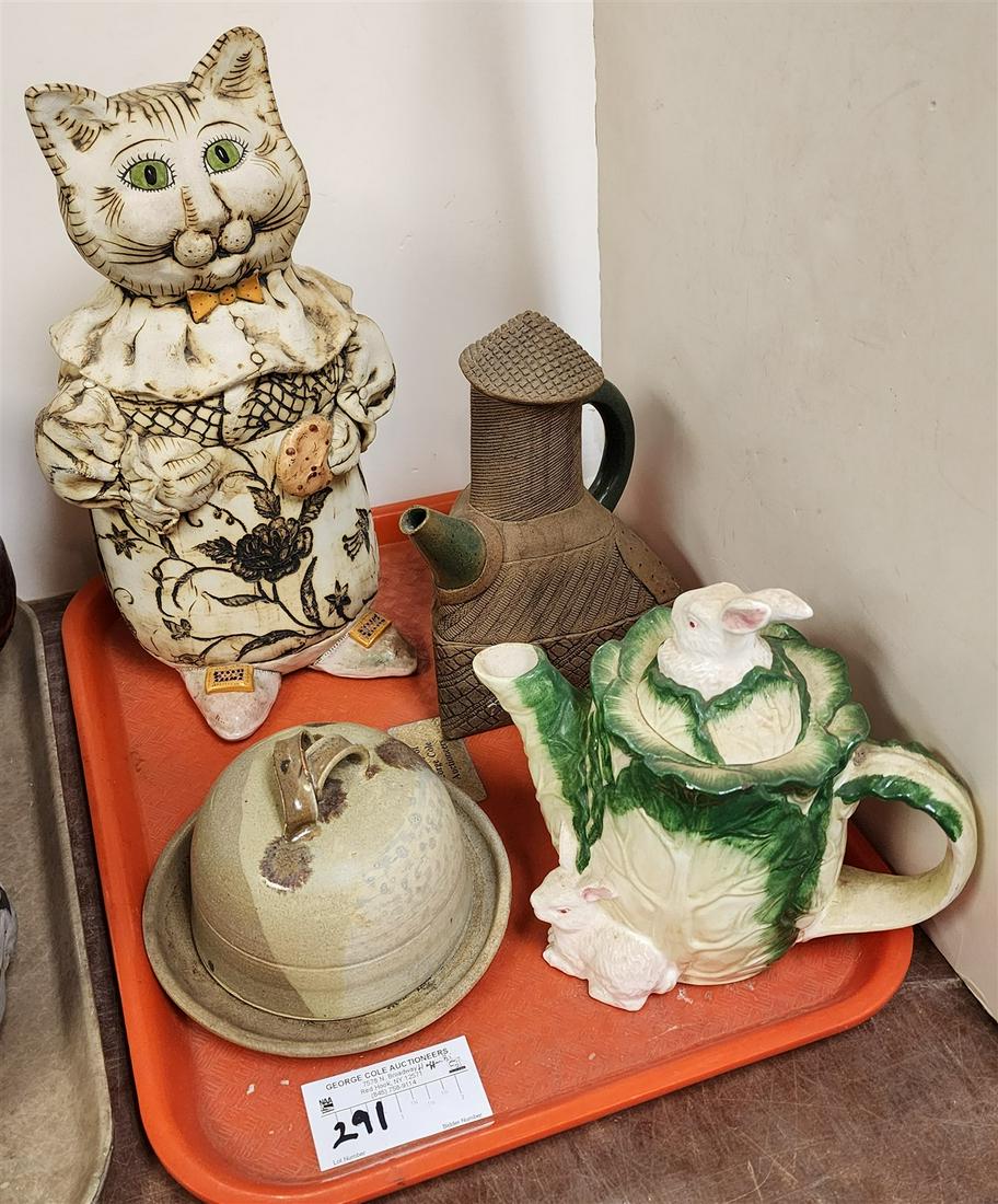 TRAY POTTERY AND CERAMIC CAR COOKIE SGND BARBARA SEXTON 14-1/2", TEA POT SGND JOHNSTON 9-1/4", (1 of 5)