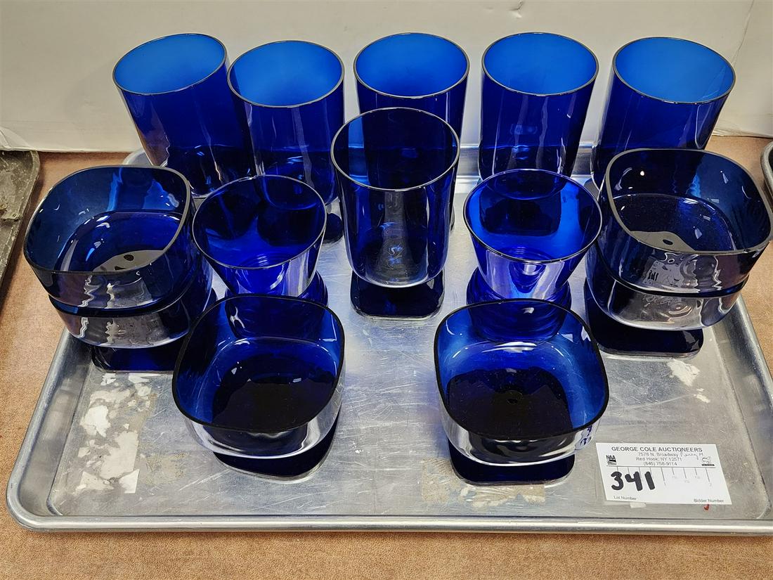 TRAY COLBALT GLASS 6-5" GOBLETS, 6 SHERBETS 3" PR VASES 4" (1 of 3)