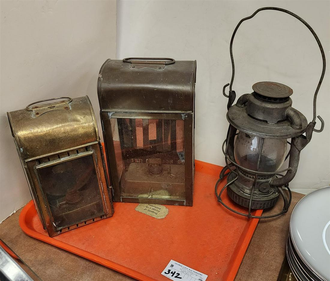 TRAY 2 BRASS LANTERNS 11-12"H X 7"W X 5-1/2"D, 10"H X 5-1/2"W X 4"D AND DIETZ VESTA (1 of 2)