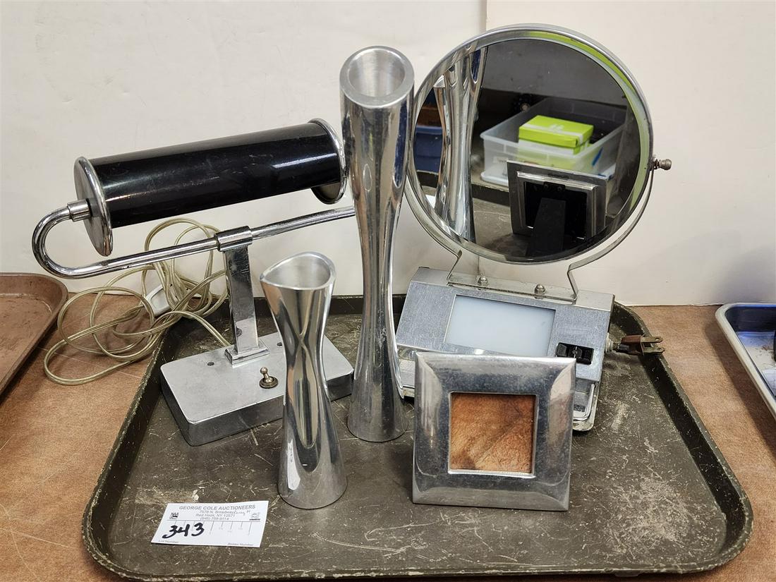 TRAY CHROME DESK LAMP 9"H X 11"W X 3-3/4"D, VANITY MIRROR 12"H X 7"W X 5-1/2"D, 2 MAINKE VASES ETC (1 of 2)