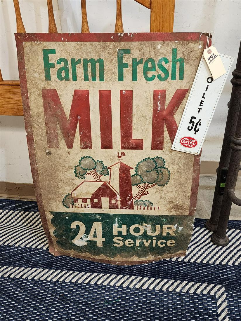 VINTAGE TIN SIGN FARM FRESH MILK 36" X 24" AND PAY TOILET NY CENTRAL SYSTEM 13" X 14" (1 of 2)