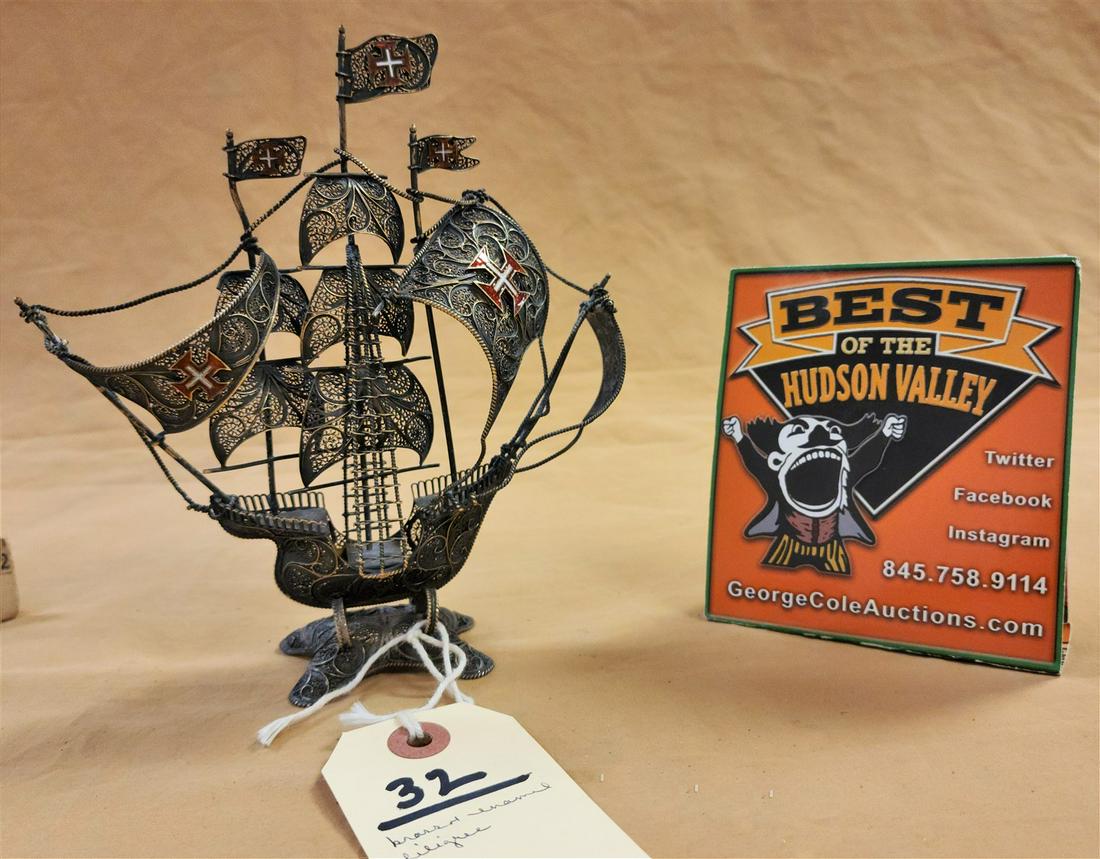 BRASS& ENAMELED FILLIGREE MAST SHIP 7"H 6-1/2"W: BRASS& ENAMELED FILLIGREE MAST SHIP 7"H 6-1/2"W