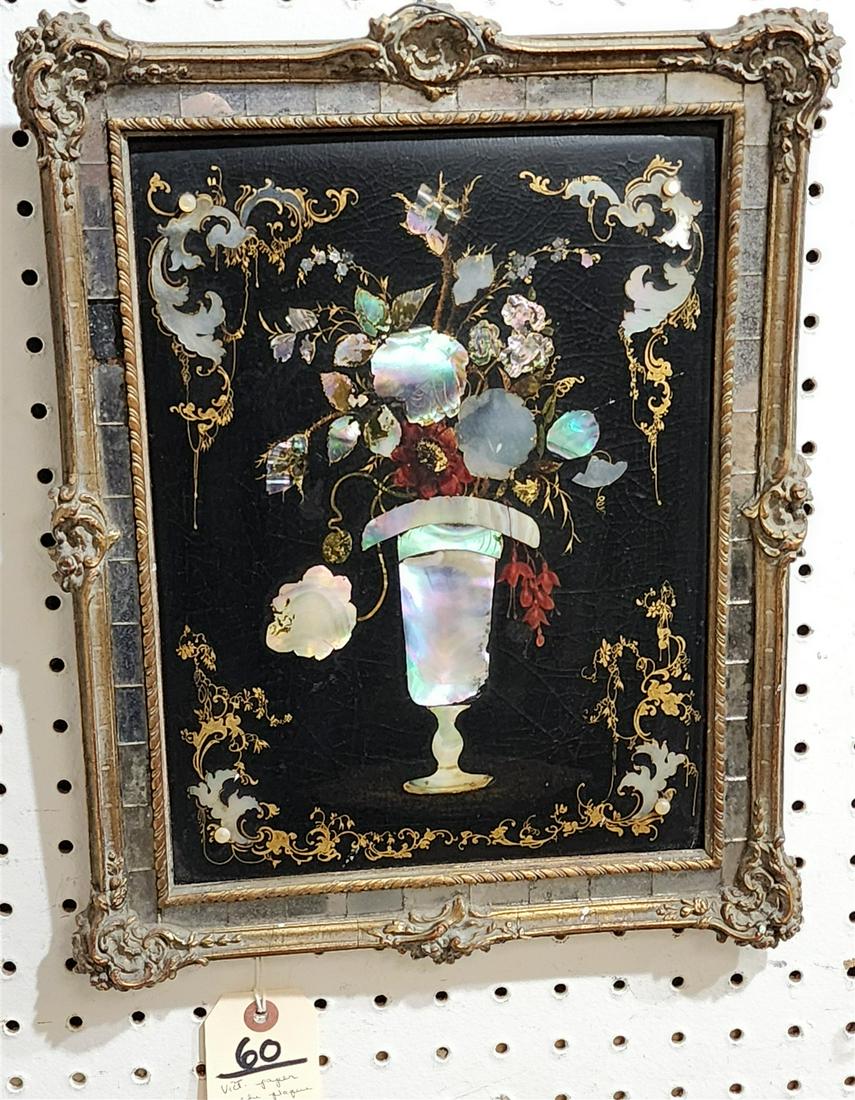 FRAMED VICT NOP INLAID PAPER MACHE PLAQUE 12" X 9" W/FRAME 15"X 12": FRAMED VICT NOP INLAID PAPER MACHE PLAQUE 12" X 9" W/FRAME 15"X 12"