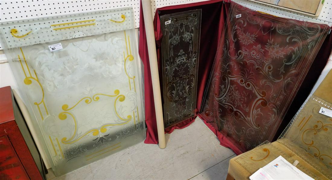 C1900 ETCHED GLASS PANELS W/AMBER HIGHLIGHTS PR 4'X 32", 44-1/2"X 16": C1900 ETCHED GLASS PANELS W/AMBER HIGHLIGHTS PR 4'X 32", 44-1/2"X 16"