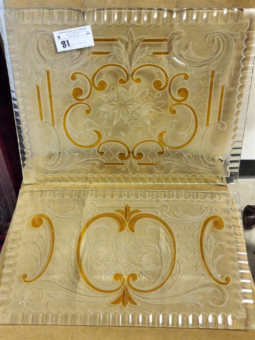 C 1900 LOT 2 ETCHED GLASS PANELS W/AMBER HIGHLIGHTS 15-1/4" X 19-1/4", 11-1/2" X 19-1/2": C 1900 LOT 2 ETCHED GLASS PANELS W/AMBER HIGHLIGHTS 15-1/4" X 19-1/4", 11-1/2" X 19-1/2"