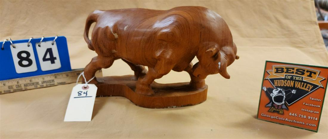 CARVED WOODEN BULL 7-1/2"H X 12"L: CARVED WOODEN BULL 7-1/2"H X 12"L