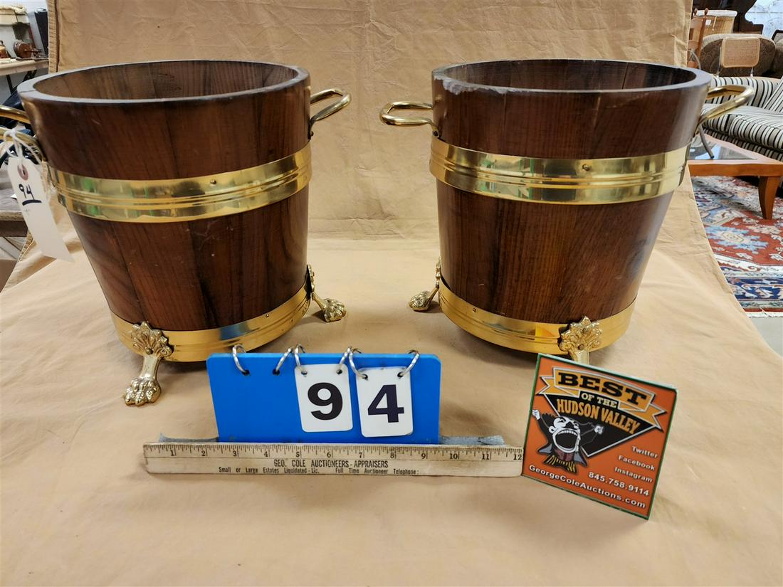 LOT 2 WOODEN BUCKETS WBRASS TRIM 11"H X 10"DIAM (1 of 3)