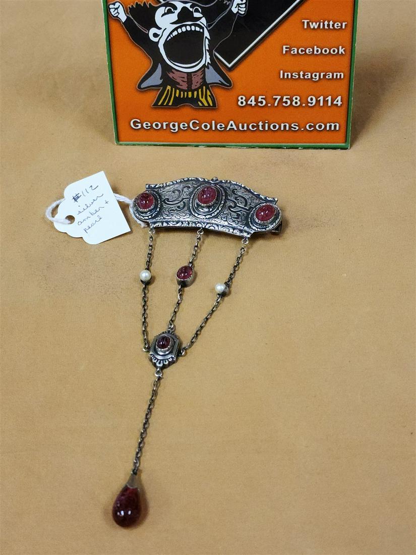 VINTAGE STERL PIN W/CABOCHON AMBER AND PEARL 2-1/4"W X 6"L: VINTAGE STERL PIN W/CABOCHON AMBER AND PEARL 2-1/4"W X 6"L
