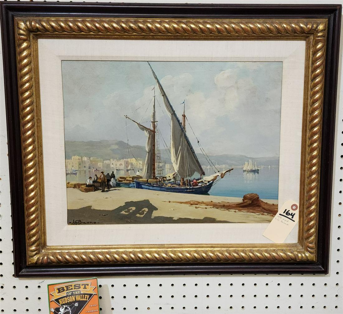 FRAMED O/B DOCK SCENE SGND. L.G.BUONO 14 1/2" X 18 1/2" W/ FRAME 22" X 25 3/4" (1 of 3)