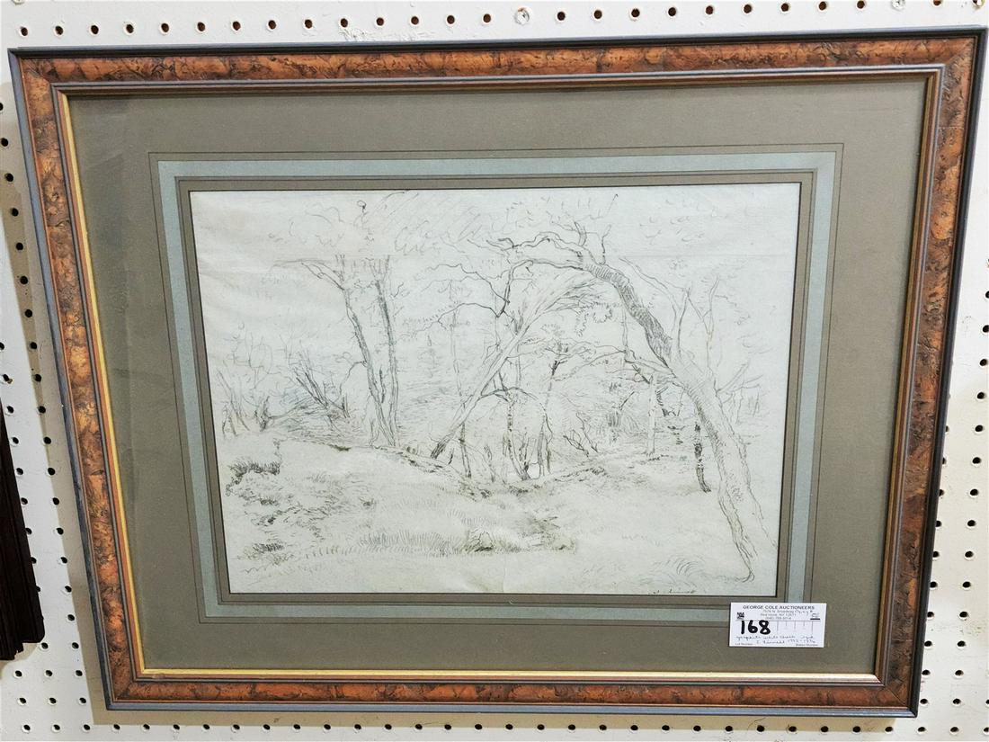 FRAMED GRAPHITE , WHITE CHALK ON PAPER "WOODED LANDSCAPE" SGND.-J. LINNELL 1792-1896 13" X 17" W/ (1 of 3)