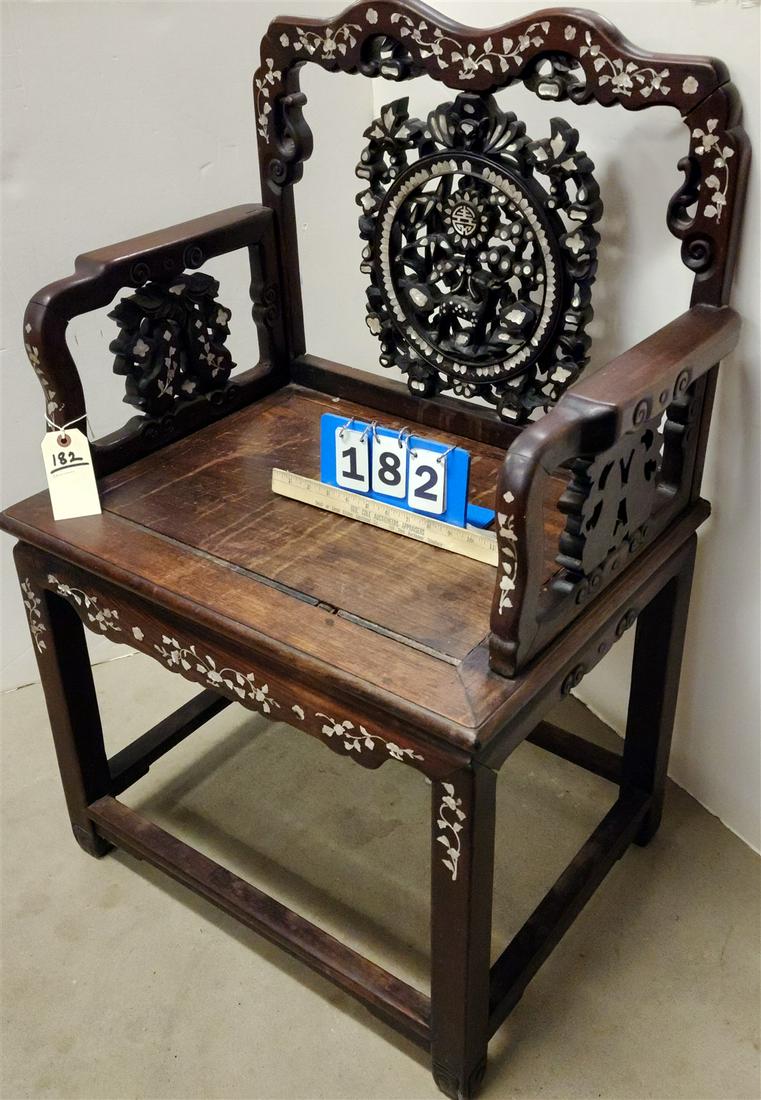 CHINESE MOP INLAID ARMCHAIR 38 1/2"H X 26"W X 19"D: CHINESE MOP INLAID ARMCHAIR 38 1/2"H X 26"W X 19"D