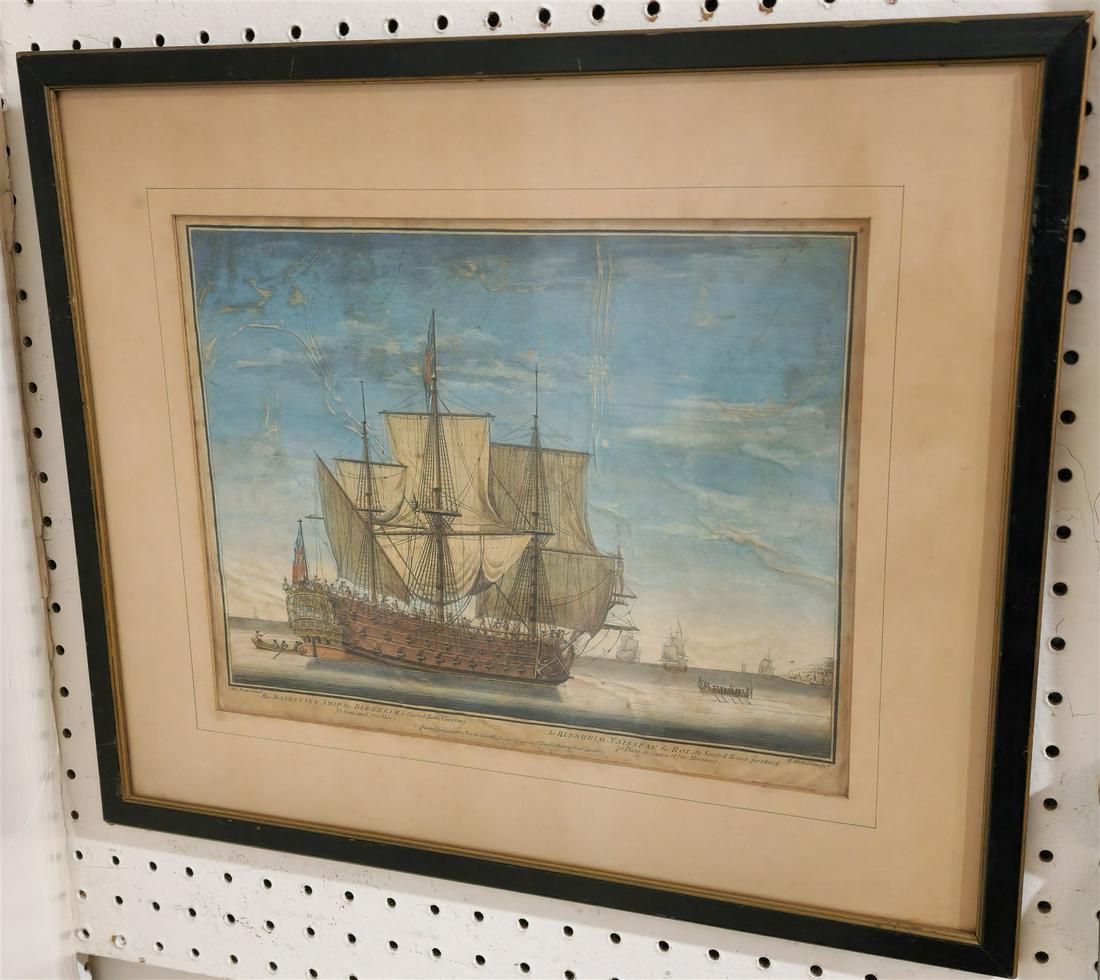 18THc HAND COLORED ENGR. HIS MAGESTIES SHIP BLENHEIM 10 1/2" X 13" W/ FRAME 16 1/2" X 19 1/2": 18THc HAND COLORED ENGR. HIS MAGESTIES SHIP BLENHEIM 10 1/2" X 13" W/ FRAME 16 1/2" X 19 1/2"