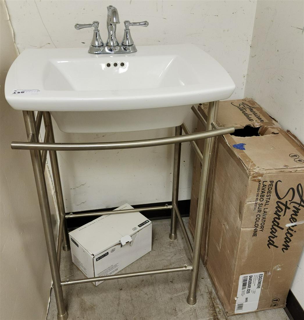 AMER. STANDARD SINK W/POLISHED STEEL BASE W/DELTA FAUCET: AMER. STANDARD SINK W/POLISHED STEEL BASE W/DELTA FAUCET