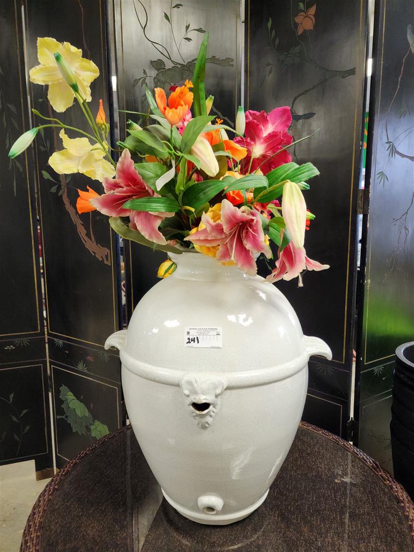 GLAZED POTTERY VASE 2' W/ARTIFICIAL FLOWERS (1 of 2)