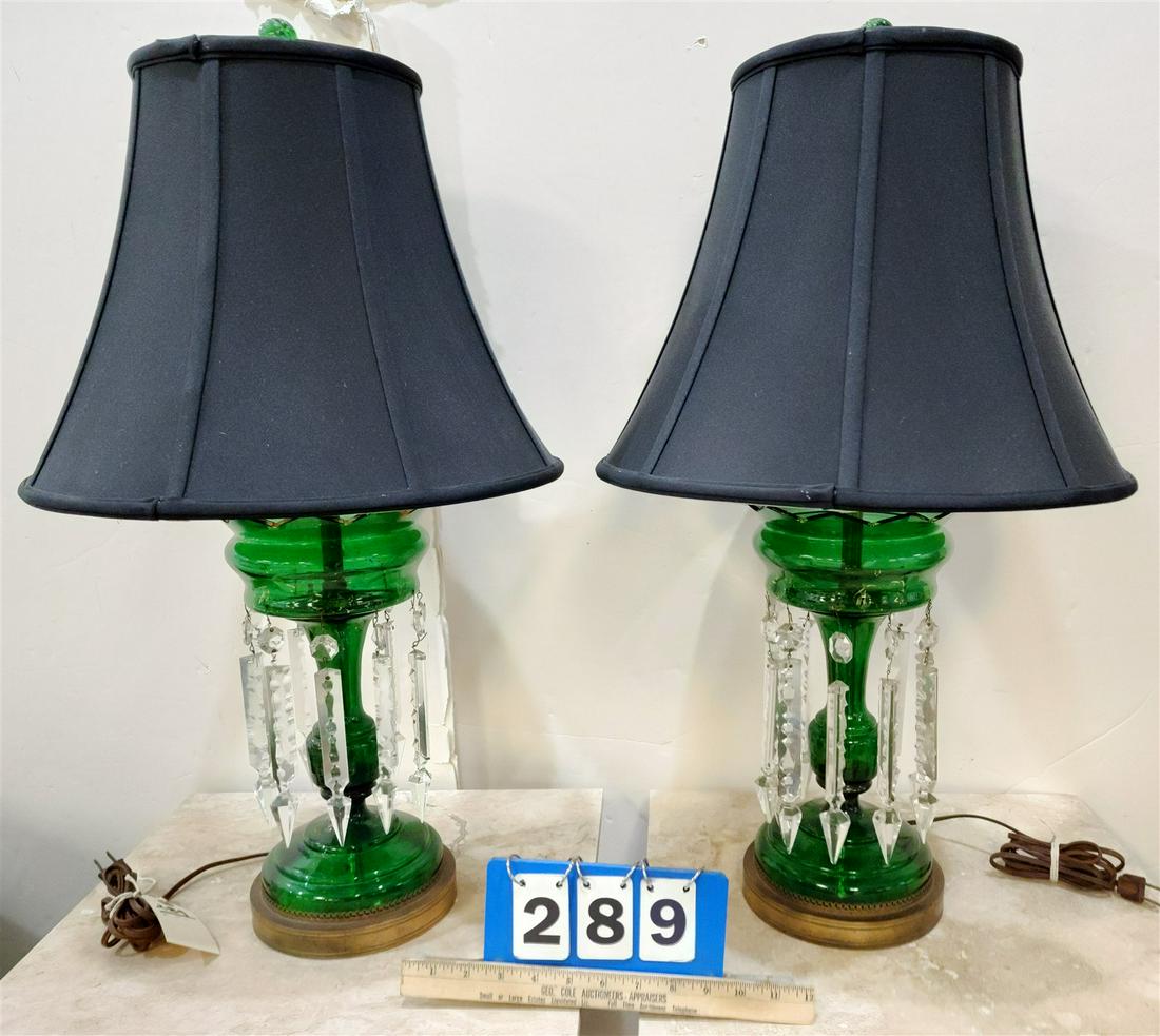 PR 19TH C GREEN GLASS GIRANDOLES MADE INTO LAMPS 29" (1 of 5)