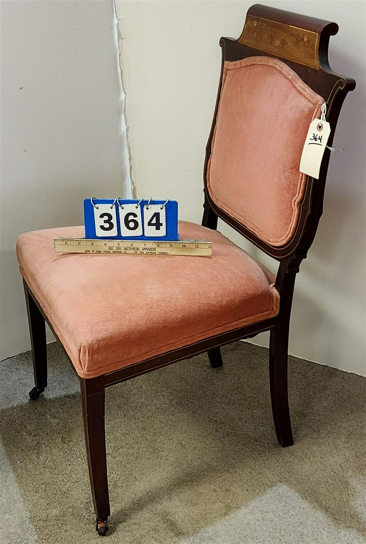 MAHOG. UPHS. CHAIR W/ INLAID CREST 33 1/2"H X 18 1/2"W X 19"D: MAHOG. UPHS. CHAIR W/ INLAID CREST 33 1/2"H X 18 1/2"W X 19"D