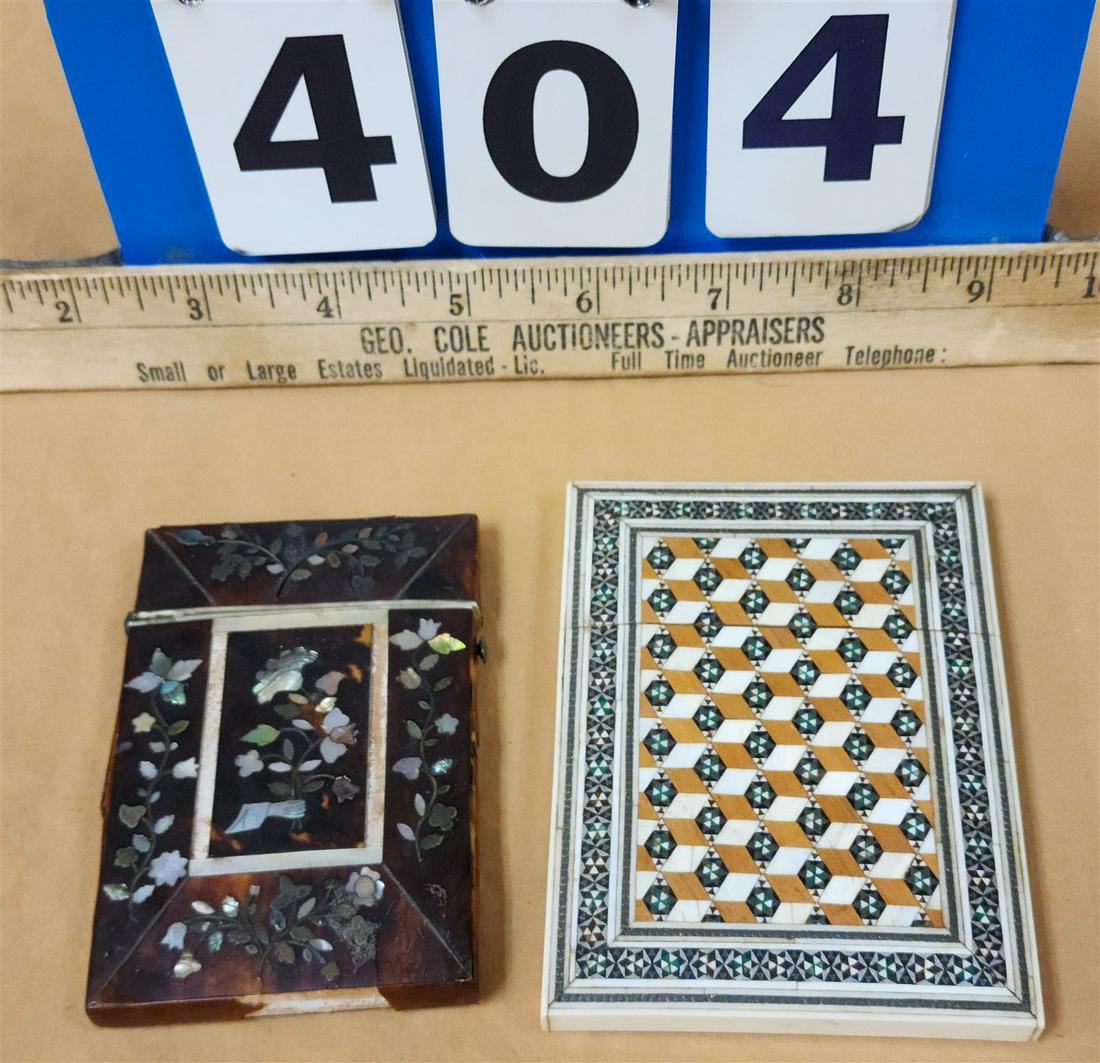 LOT 2 CARD CASES-19THc FAUX TORTOISE SHELL & MOP 3 3/4" X 2 1/2" & MID EAST INLAY 4" X 3 1/4" (1 of 5)