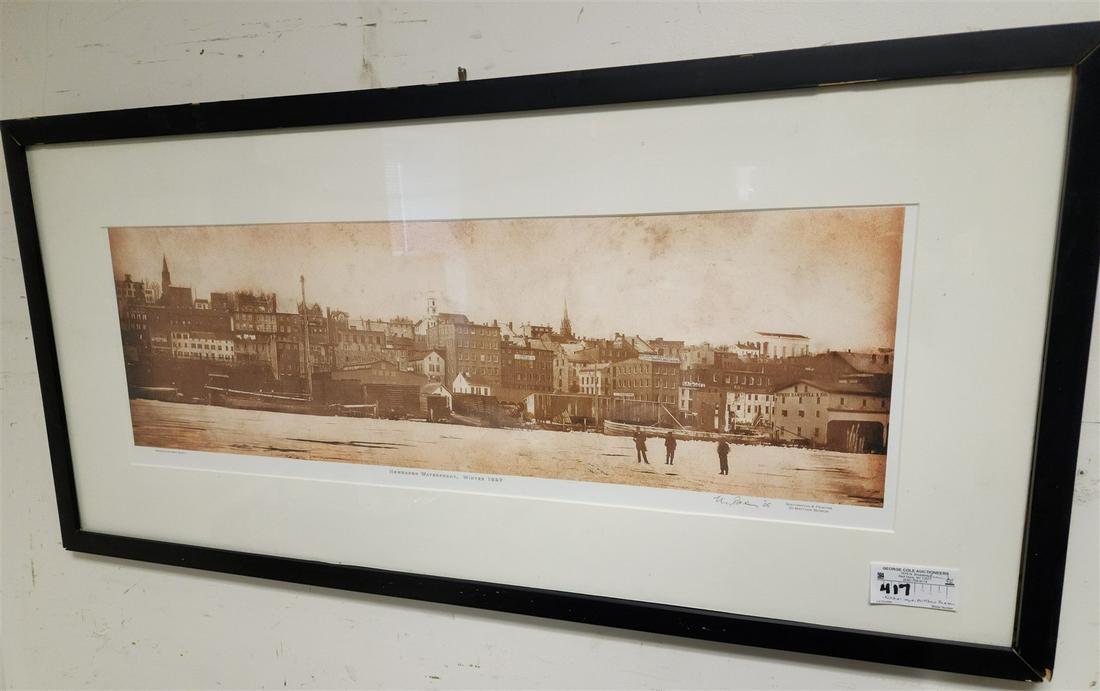 FRAMED LITHO- NEWBURGH WATERFRONT WINTER 1897 PENCIL SGND. MATHEW BENSON 11 1/4" X 35" W/ FRAME 21: FRAMED LITHO- NEWBURGH WATERFRONT WINTER 1897 PENCIL SGND. MATHEW BENSON 11 1/4" X 35" W/ FRAME 21 1/2" 45 1/2"
