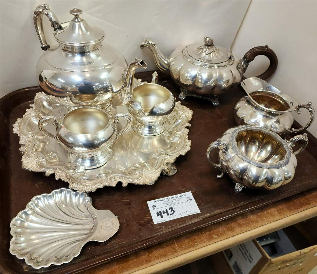 TRAY 2- 3PC. SILVERPLATE TEA SETS & GORHAM 12"DIAM TRAY (1 of 9)