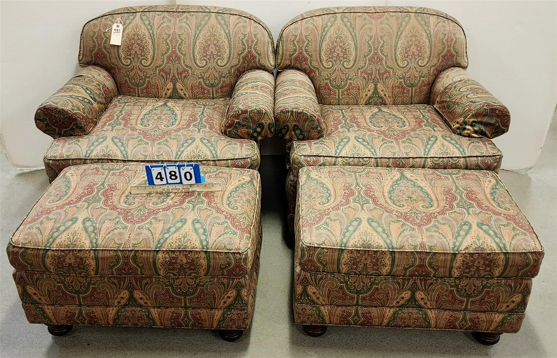 PR. BEACHLEY UPHOLS CLUB CHAIRS 32"H X 37"W X 33"D W/ PR. OTTOMANS 18"H X 28 1/2"W X 20"D (1 of 3)