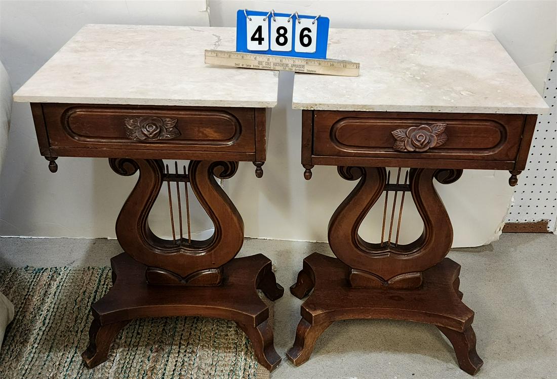 PR. MAGH LYRE BASE 1 DRAWER STANDS W/REPLACEDTRAVERTINE TOPS 27"HX18"SQ (1 of 2)