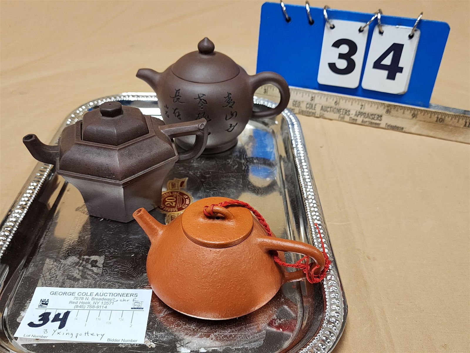 TRAY 3 YIXING POTTERY TEA POTS 4". 3-1/2", 2-1/4" H (1 of 11)
