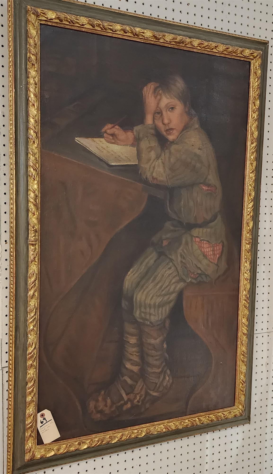 FRAMED RUSSIAN O/C BOY AT DESK SGND ON BACK 45" X 27" W/FRAME 50" X 32-1/2": FRAMED RUSSIAN O/C BOY AT DESK SGND ON BACK 45" X 27" W/FRAME 50" X 32-1/2"