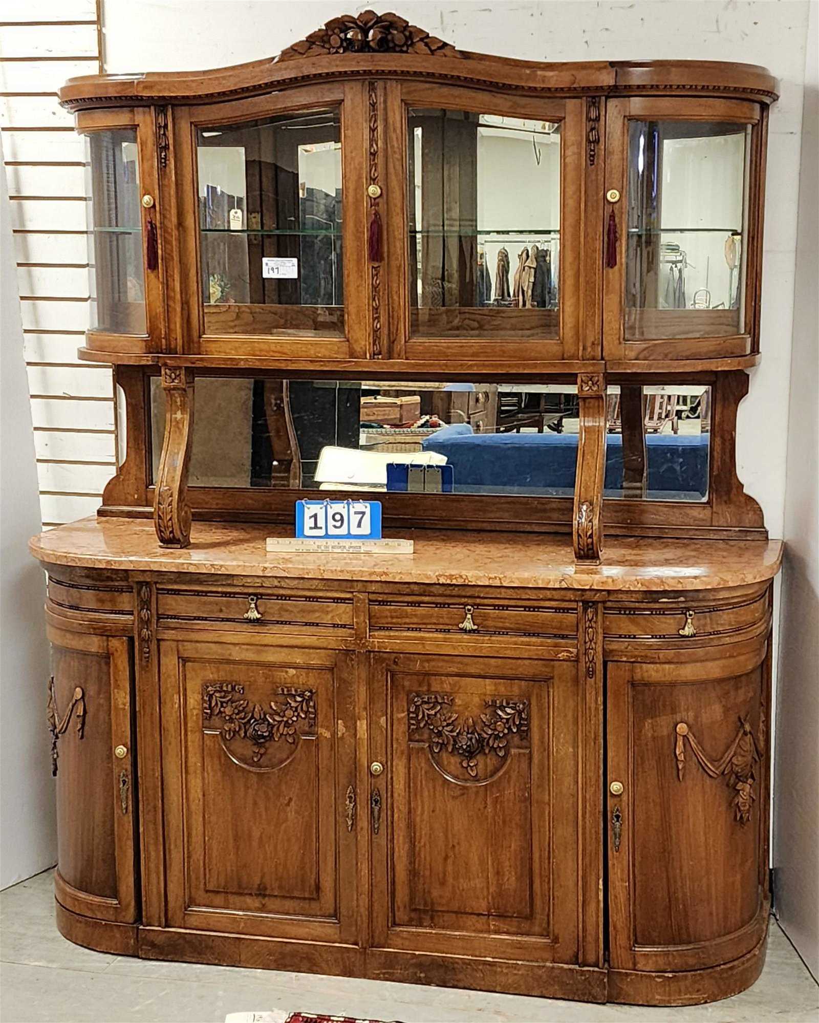 C1890 WALNUT MARBLE TOP SIDEBOARD 76"H X 63 1/2"W X20"D MARBLE HAS BEEN REPAIRED CAN BE MADE TALLER: C1890 WALNUT MARBLE TOP SIDEBOARD 76"H X 63 1/2"W X20"D MARBLE HAS BEEN REPAIRED CAN BE MADE TALLER FEET IN DRAWER
