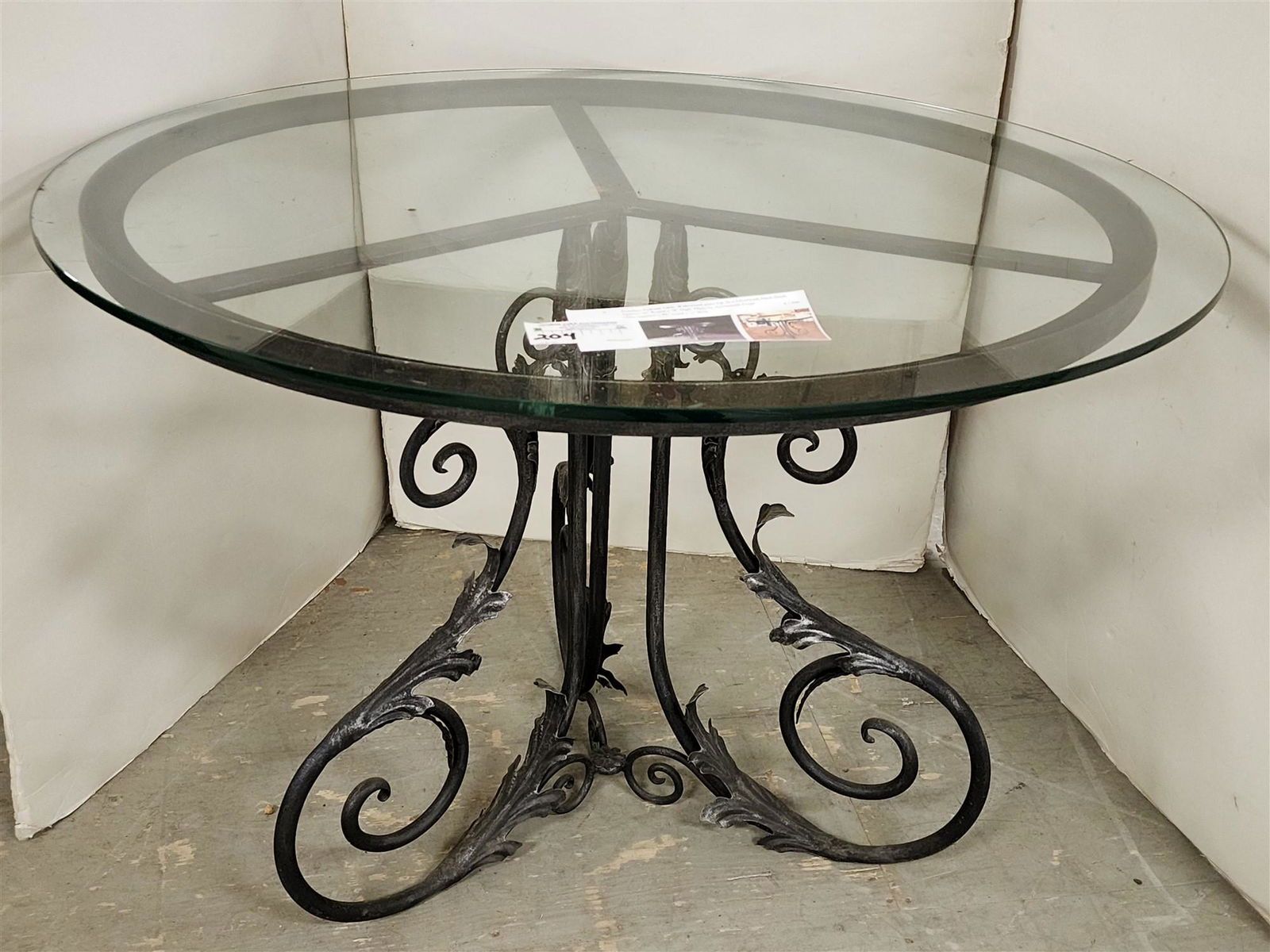 ACANTHUS WROUGHT TABLE W/ GLASS TOP MADE BY ARROWSMITH FORGE FOR PIERRE DEUX 28"H X 36" DIAM (1 of 5)