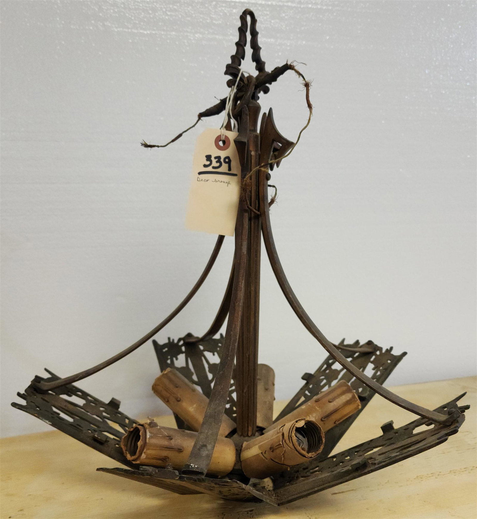 DECO BRONZE CHANDELIER NO SHADES 18"H X 17" DIAM: DECO BRONZE CHANDELIER NO SHADES 18"H X 17" DIAM