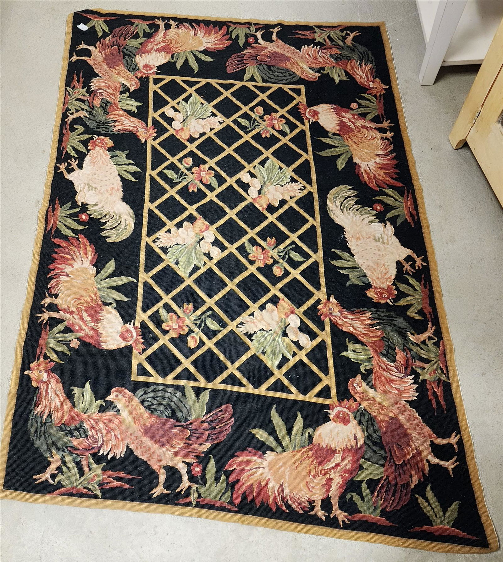 NEEDLEPOINT RUG W/ CHICKEN MOTIF 3'11" X 5'9" (1 of 4)