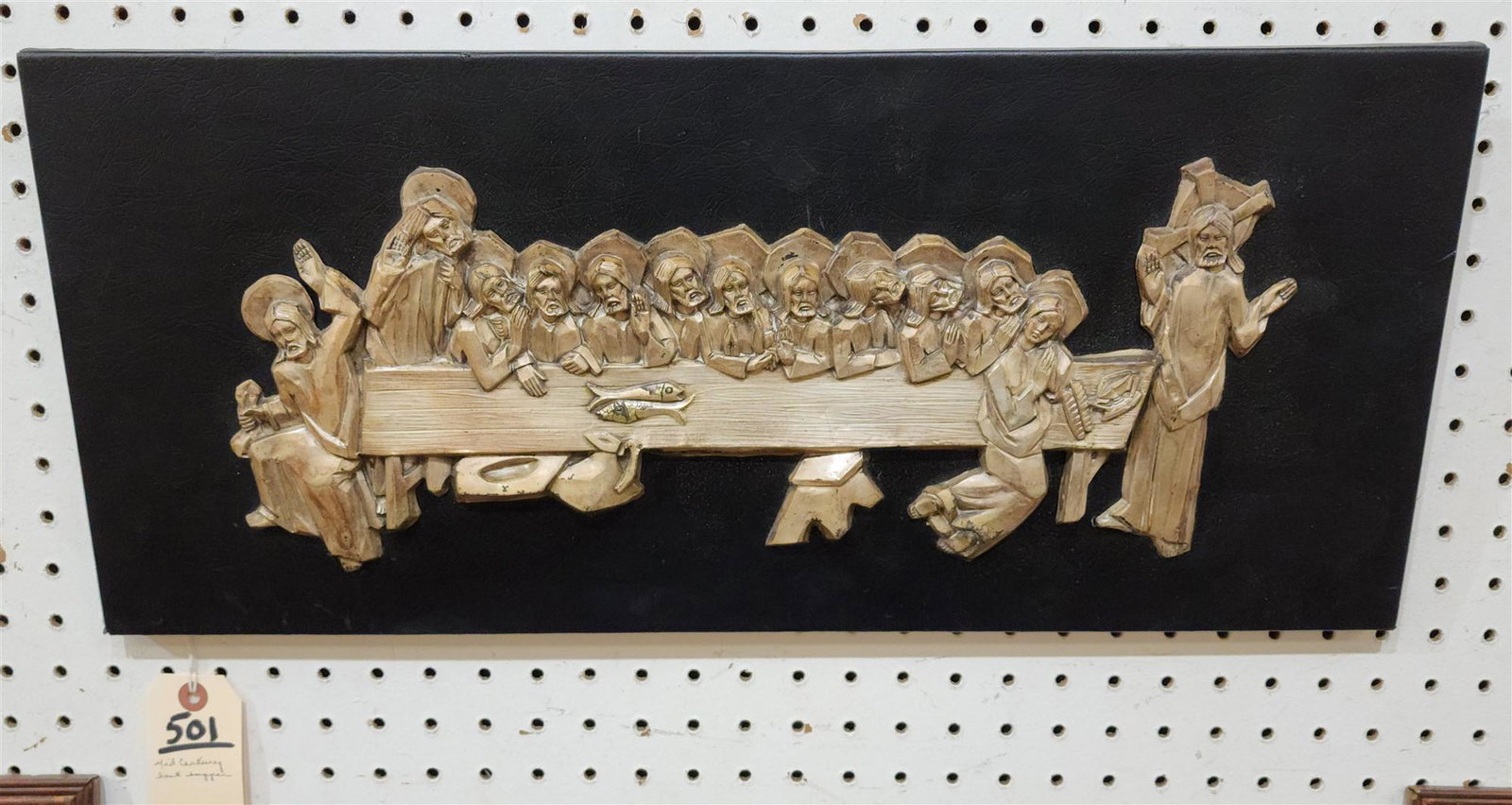 MID CENTURY EMBOSSED METAL LAST SUPPER ON LEATHER PLAQUE 10 1/2" X 24" (1 of 2)