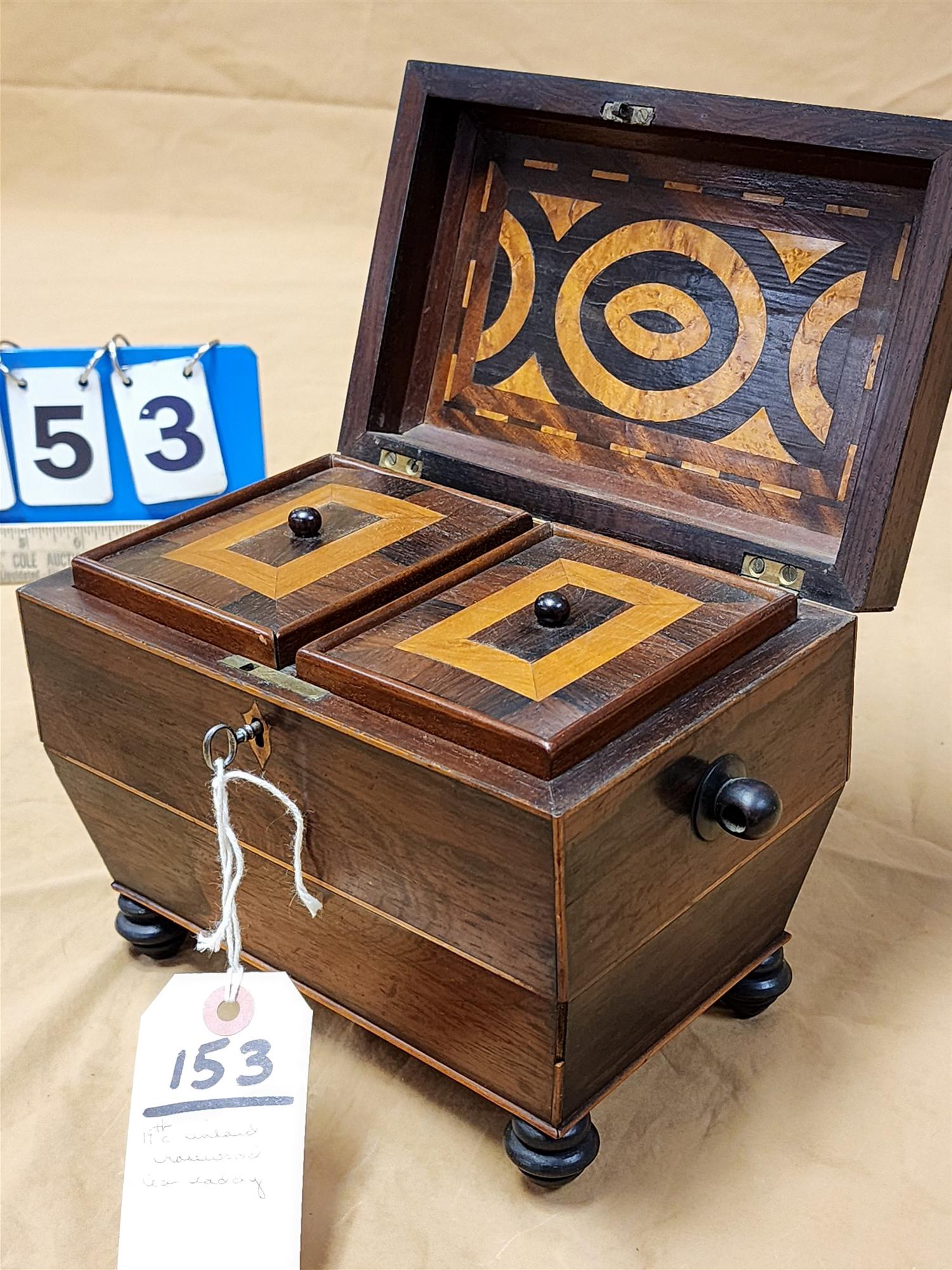 EARLY 19TH C INLAID ROSEWOOD TEA CADDY 7-1/2"H X 8-1/4"W X 5-1/2"D (1 of 7)