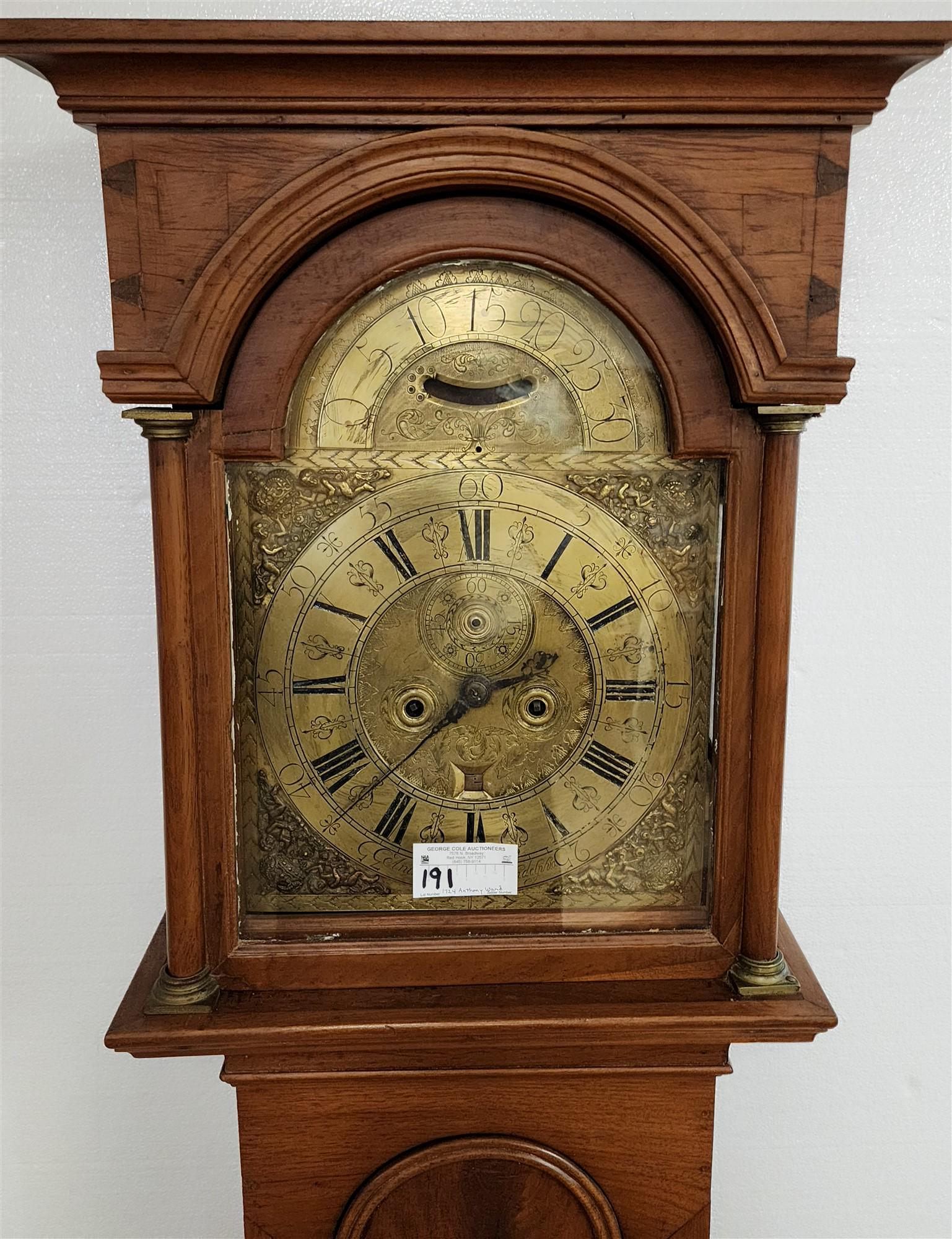 ANTHONY WARD WALNUT TALL CASE CLOCK 1724 90"H X 20"W X 10-1/2"D REPLACED DOOR HINGES WORKS HAVE TO (1 of 5)
