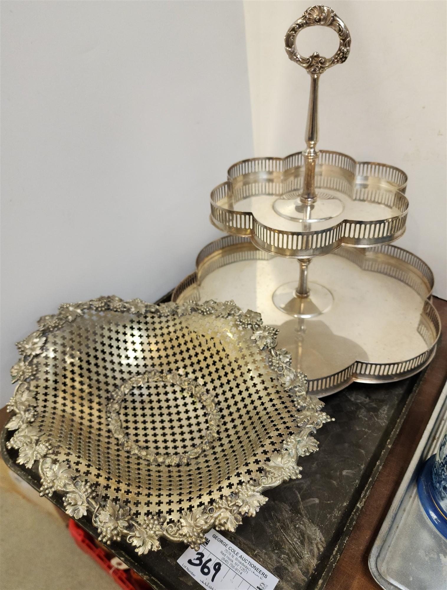 TRAY SILVERPLATE RETICULATED FOOTED BOWL 3 1/2"H X 13":W X 10"D AND 2 TIER SERVING PC 14"H X 13" (1 of 1)