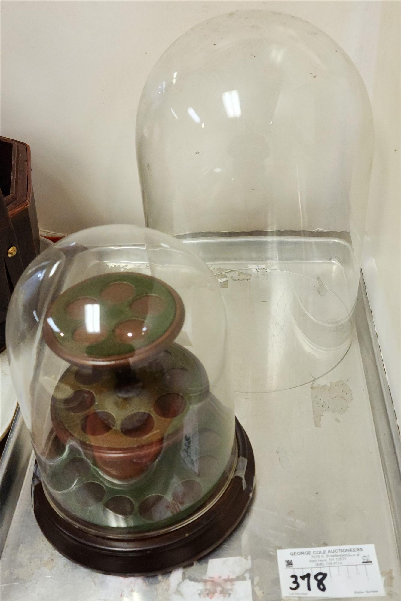 TRAY 2 GLASS DOMES 12"H X 8" DIAM, 8" X 6" DIAM W/ WOODEN BASE AND THIMBLE TOWER: TRAY 2 GLASS DOMES 12"H X 8" DIAM, 8" X 6" DIAM W/ WOODEN BASE AND THIMBLE TOWER