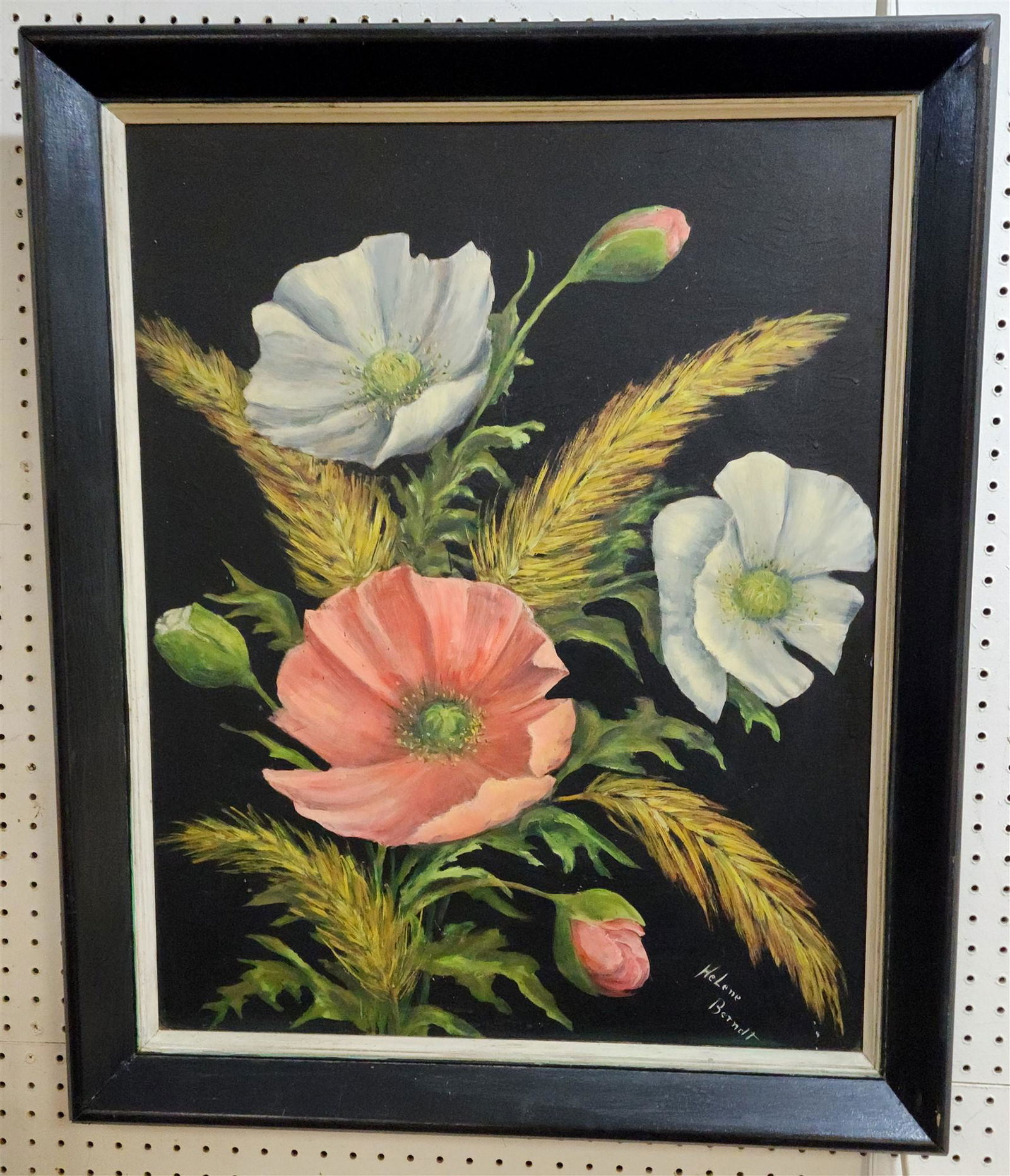 FRAMED O/MASONITE FLORAL SGND HELENE BERNDT 1904-2003 ULSTER COUNTY 30" X 24": FRAMED O/MASONITE FLORAL SGND HELENE BERNDT 1904-2003 ULSTER COUNTY 30" X 24"