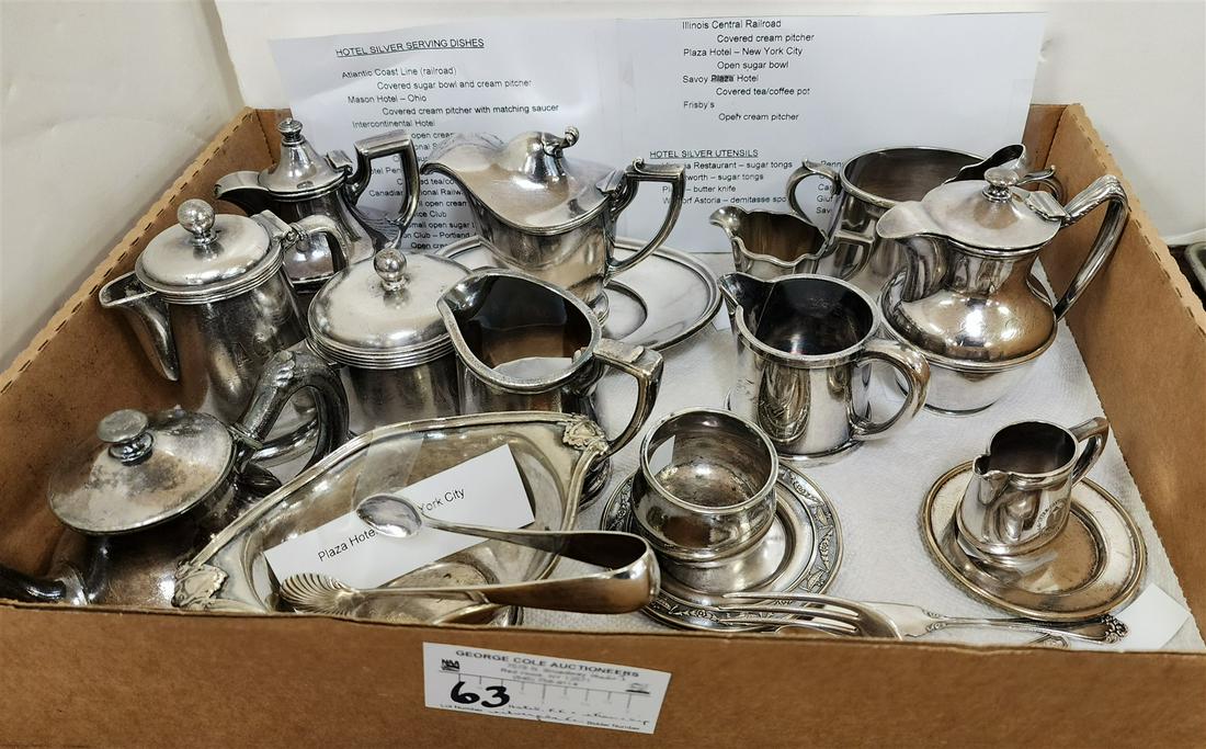 TRAY 26PC. HOTEL, STEAMSHIP & RAILWAY SILVERPLATE, PLAZA, SAVOY, PENN., INTERCONTINENTAL, WALDORF (1 of 4)