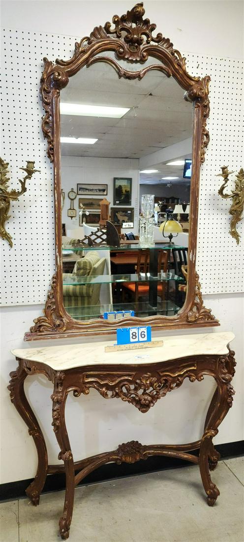 FR. STYLE MARBLE TOP CONSOLE TABLE 33 1/2"H X 4'W X 13'D W/ MIRROR 5'H X 42"W (1 of 2)