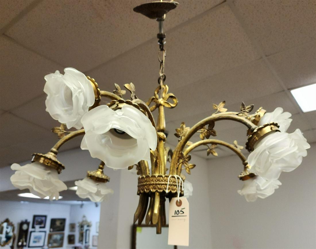CAST BRONZE CHANDELIER W/FLORAL GLASS SHADES 15"H X 24" DIAM.: CAST BRONZE CHANDELIER W/FLORAL GLASS SHADES 15"H X 24" DIAM.