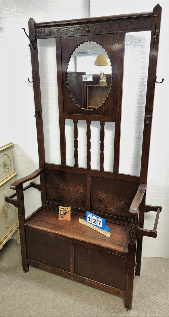 OAK HALL STAND WITH LIFT SEAT 76"H X 45"W X 13"D: OAK HALL STAND WITH LIFT SEAT 76"H X 45"W X 13"D