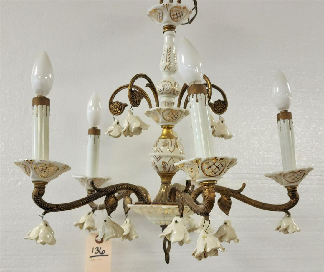 SPANISH 18"H X 17"DIAM BRASS AND PORCELAIN CHANDELIER: SPANISH 18"H X 17"DIAM BRASS AND PORCELAIN CHANDELIER