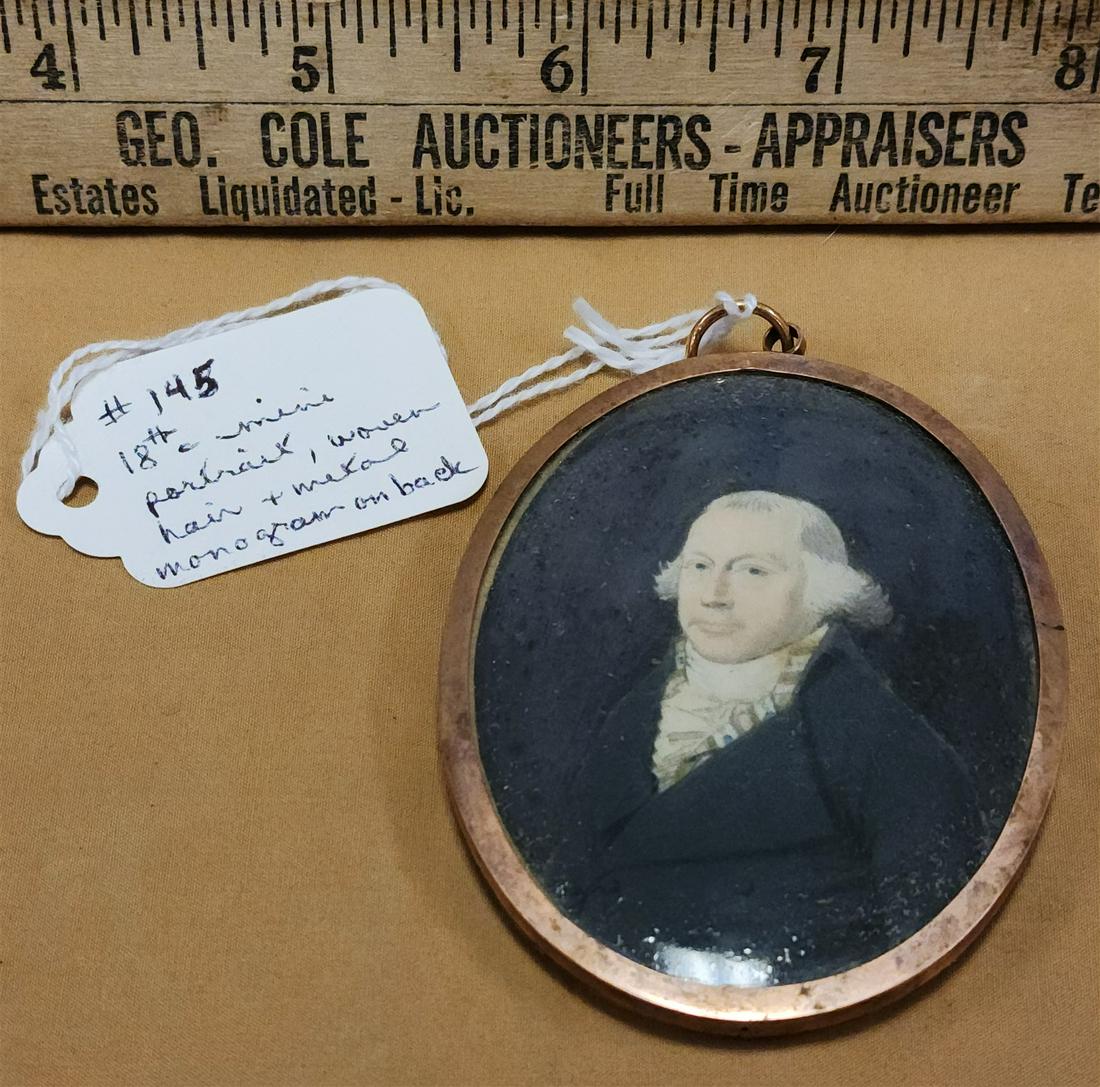 18TH C MINI PORTRAIT W/WOVENHAIR AND GILT METAL MONOGRAM ON BACK 3" X 2-1/4" (1 of 4)