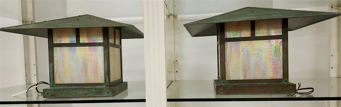 PR ARROYO CRAFTSMAN COPPER LANTERN W/SLAG GLASS PANELS 12" X 17"SQ (1 of 12)