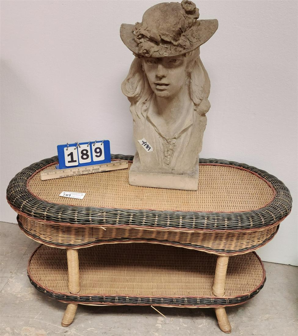 WICKER COFFEE TABLE 18-1/2"H X 3'W X 18-1/2W AND FIBERGLASS BUST 21" (1 of 2)